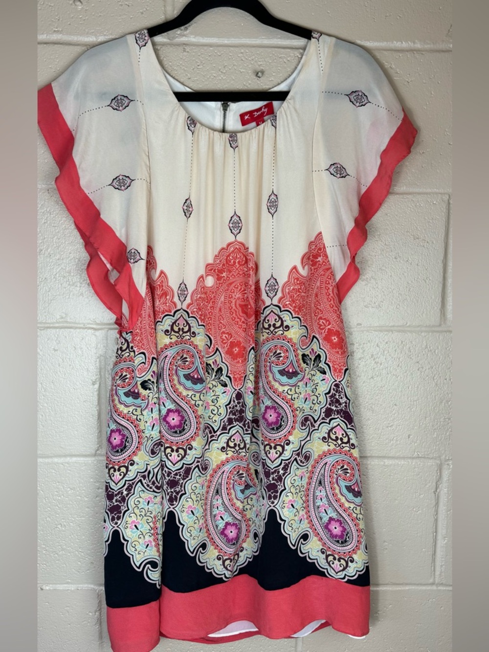 Rene Derhy Coral & Cream Paisley Flutter Sleeve Silk Dress, Size Medium